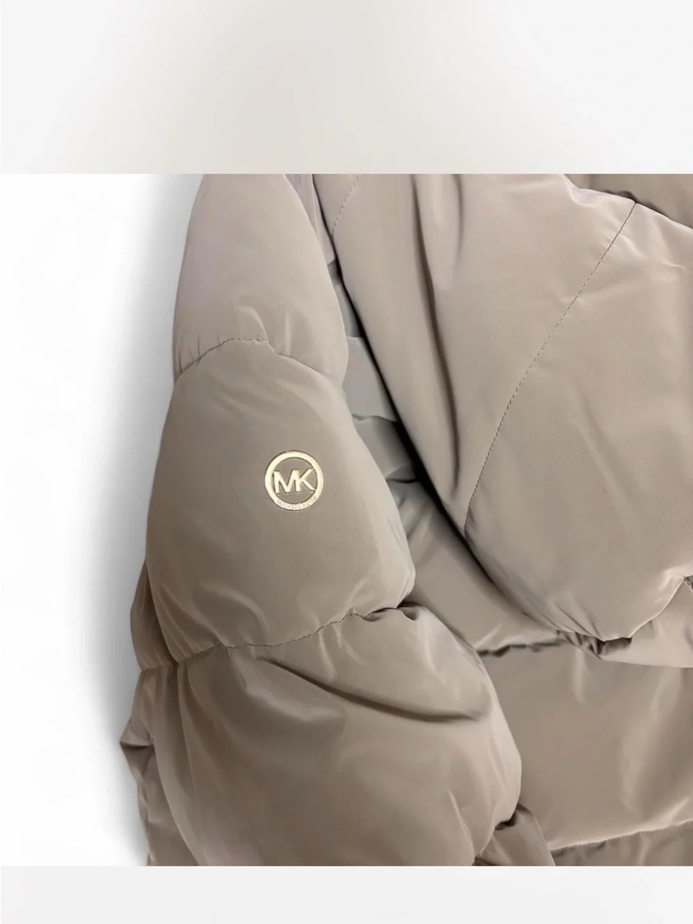 Michael Kors Quilted Puffer Coat with Hood in Taupe with Gold Zippers Size L NWT